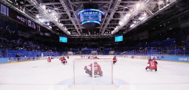 Canadian players warm up prior to the Ice Sledge Hockey Play-off semi final between Canada and the United States of America at the Sochi 2014 Winter Paralympic Games.