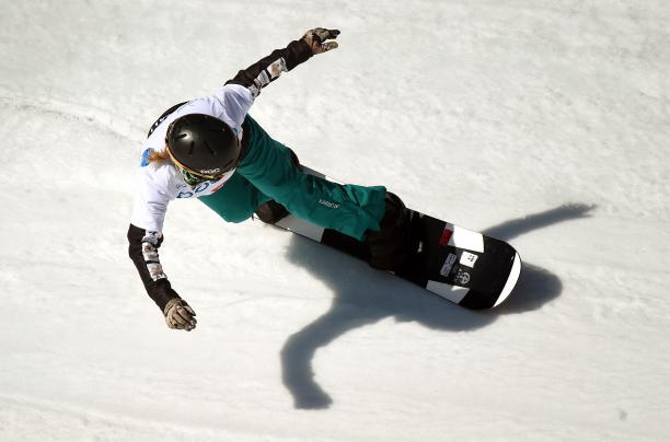 Woman on a snowboard in action