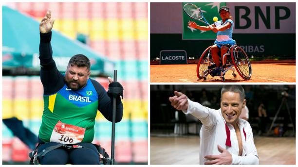 Para sport review - June 2017 - Erik Machens, Yui Kamiji, Andre Rocha a woman playing wheelchair tennis, a man strikes a wheelchair dance pose, a man throws a shot put