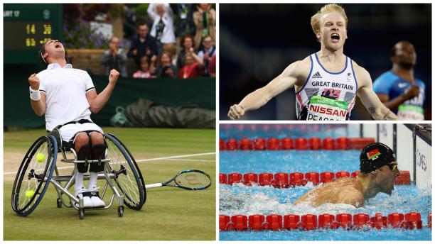 July 2017 preview - Gordon Reid, Jonnie Peacock, Ihar Boki a man celebrates in a wheelchair, a runner celebrates crossing the line, a swimmer touches the wall