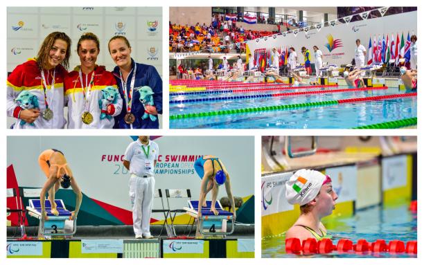 para swimmers jump into a pool, a swimmer reaches the wall, three women pose with their medals