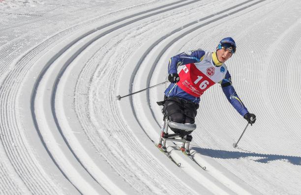 Taras Rad - Finsterau a sitting biathlete skies down a slope