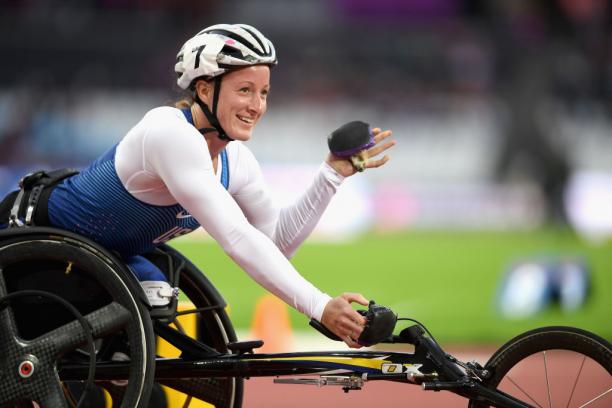 Tatyana McFadden - London 2017 day 6 a wheelchair racer celebrates winning her race