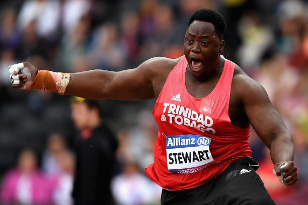 Akeem Stewart of Trinidad and Tobago lets out a roar after smashing the shot put F43 world record.
