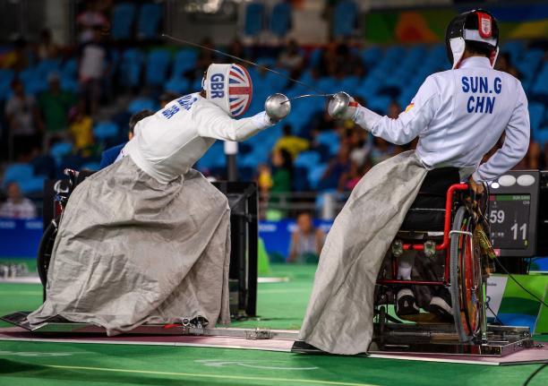 Sun Gang - Rio 2016 two wheelchair fencers mid bout