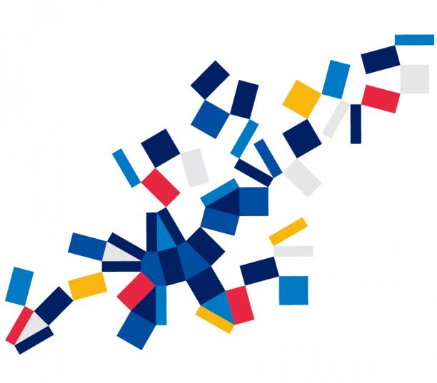 Tokyo 2020 graphic - blue flash Graphic of Tokyo 2020 emblem being transformed