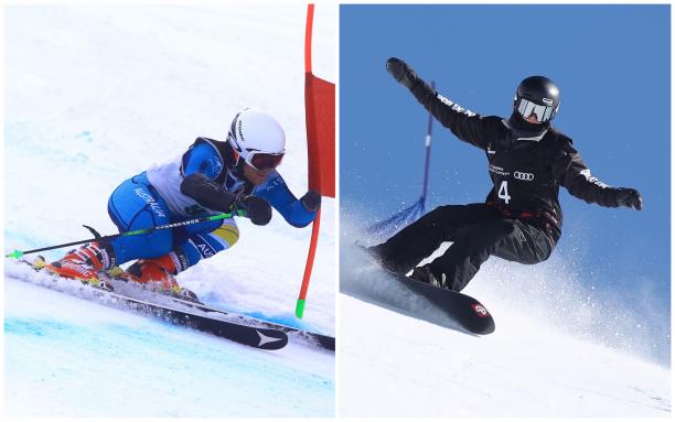 Mitchell Gourlay and Joany Badenhorst - collage a male alpine skier and a female snowboarder