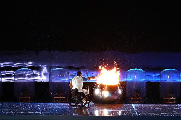 Clodoaldo Silva lights the cauldron during the Opening Ceremony of the Rio 2016 Paralympic Games.