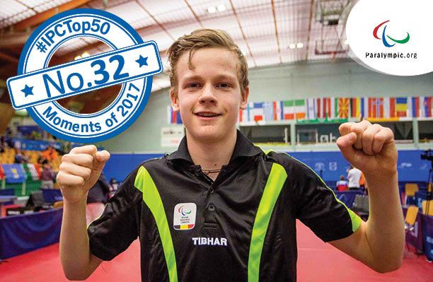 Top 50 Moments - No 32 Laurens Devos a male Para table tennis player gives a thumbs up to the camera