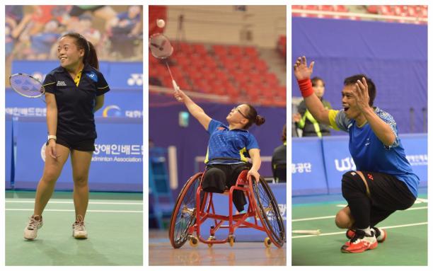 Badminton worlds - collage three Para badminton players celebrate on the court