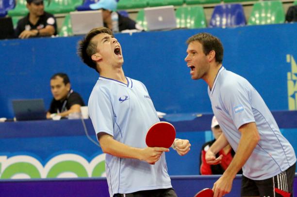 Argentina table tennis male Para table tennis players celebrate a point
