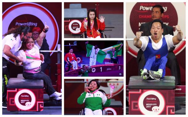 Mexico City 2017 - Powerlifting top 5 moments collage Five powerlifters celebrate winning gold