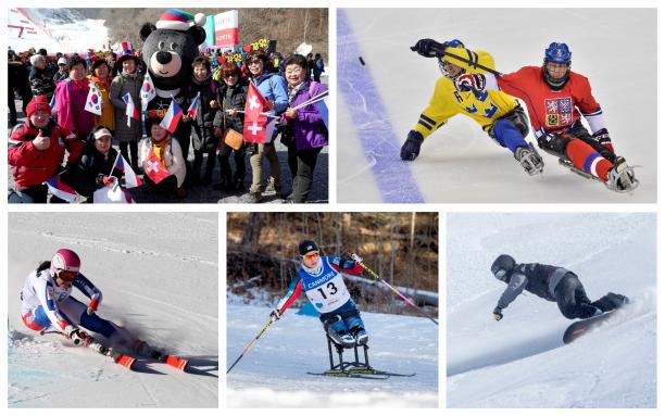 winter sports athletes and the mascot for the Winter Games