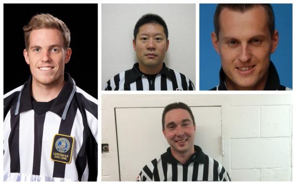 Photo collage of four male ice hockey officials