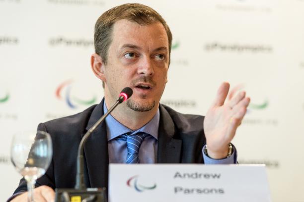 Andrew Parsons - IPC Russia press conference a man speaking at a desk