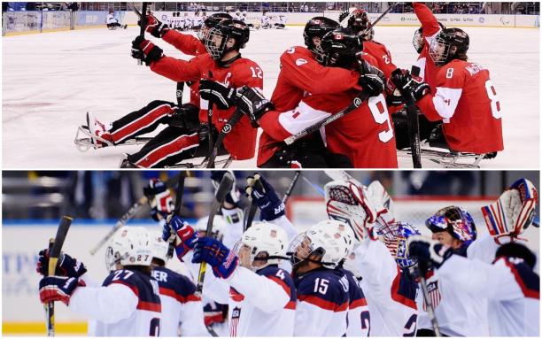 Canada USA head to head two Para ice hockey teams celebrating on the ice
