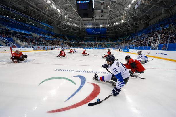 Gangneung Hockey Centre in the Paralympic Winter Games Athletes playing Para ice hockey