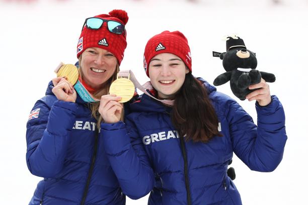 Menna Fitzpatrick - PyeongChang 2018 two female alpine skiers with gold medals on the podium