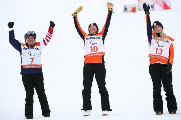 Bibian Mentel-Spee - PyeongChang 2018 three female snowboarders jump in the air