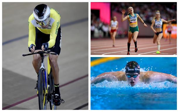 April 2018 preview - collage swimmer, cyclist and runner competing at sports