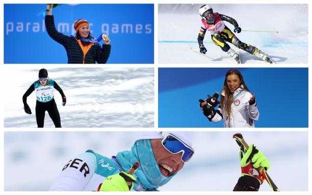 five female athletes competing in winter sports