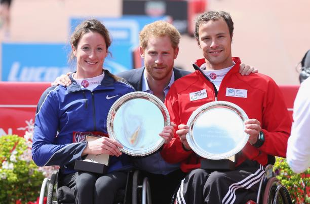 Marcel Hug Tatyana McFadden Prince Harry poses with the USA's Tatanya Mcfadden and Switzerland's Marcel Hug after both won the 2016 Virgin Money London Marathon.