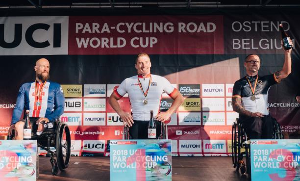 Jetze Plat - Ostend Road World Cup three male Para cyclists on the podium