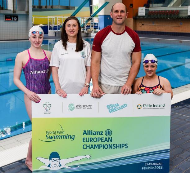 Dublin 2018 ticket sales launch Four people standing showing a big ticket for the Dublin 2018 Para Swimming Euros