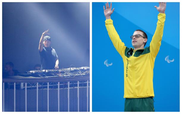 Avicii and Timothy Disken - collage a male DJ at the decks and a swimmer raising his arms on the podium