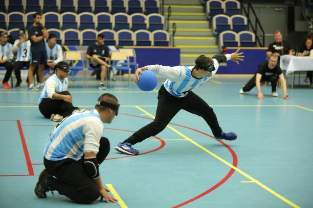 Argentina men - Malmo 2018 a male goalball player prepares to take a shot while two others wait beside him