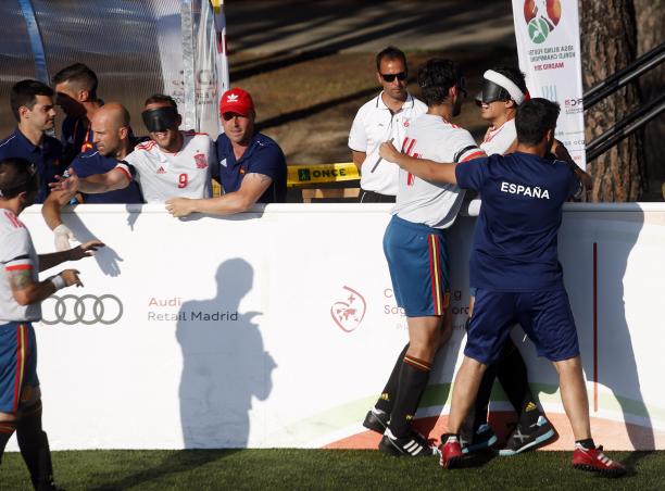 Madrid 2018 - Spain - Colombia - blind football Spain celebrate after scoring a goal in the 4-1 victory over Colombia