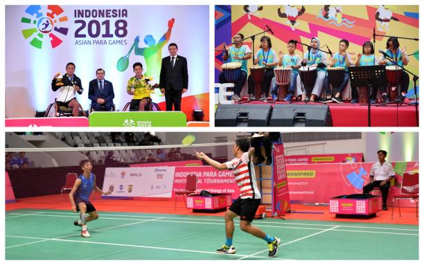 Indonesia 2018 - 100 days to go A group of Para athletes on a podium, children playing instruments, and two Para badminton players on court