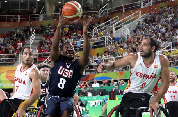 Alejandro and Pablo Zarzuela - Rio 2016 male wheelchair basketball players Alejandro and Pablo Zarzuela challenge a US player for the ball