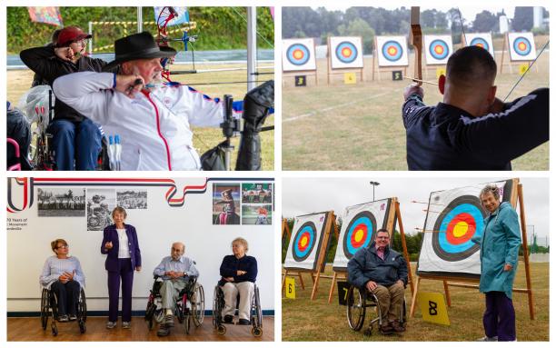 Stoke Mandeville 70th anniversary collage people in wheelchairs taking part in an archery demonstration at Stoke Mandeville hospital