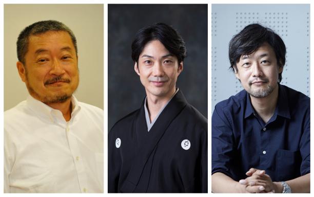 Tokyo 2020 Creative Directors Mansai Nomura,Takashi Yamazaki, Hiroshi Sasaki all smiling for the camera