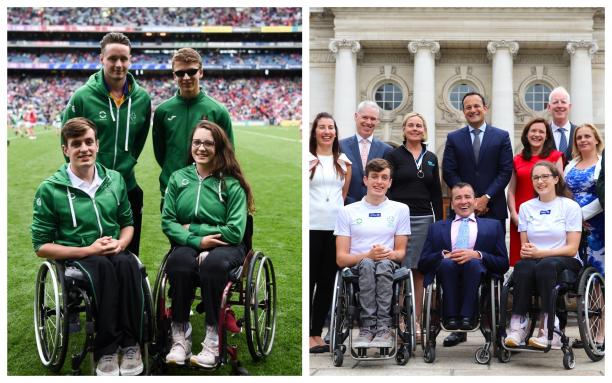 A group of male and female swimmers in wheelchairs on a football pitch and with the Taoiseach outside Dublin's government buildings