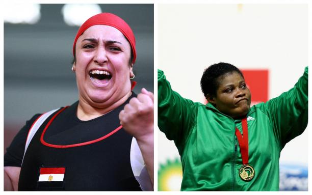 Randa Mahmoud and Loveline Obiji Female powerlifters Randa Mahmoud and Loveline Obiji saluting the crowd