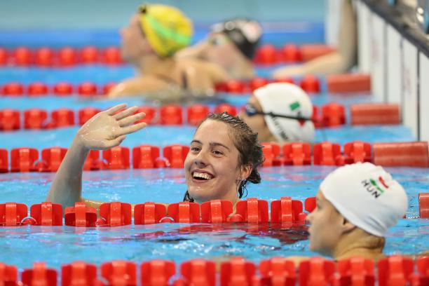 Aurelie Rivard - Rio 2016 female Para swimmer Aurelie Rivard takes her swimming cap off and celebrates in the pool after winning a race
