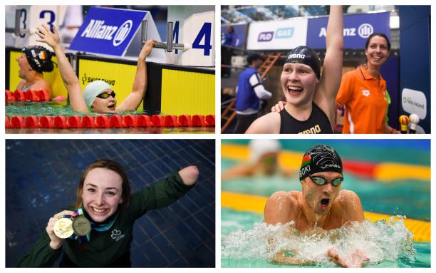 Dublin 2018 - Top four swimmers Para swimmers Ihar Boki, Liesette Bruinsma, Ellen Keane and Yelyzaveta Mereshko celebrating their wins
