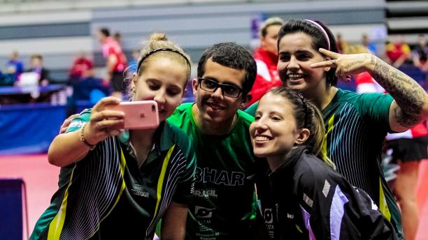 Brazil's Bruna Costa Alexandre, Danielle Rauen and Jennfyer Marques - table tennis Four people take a selfie