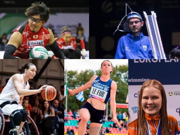 August Allianz Athlete of the Month Picture collage of boccia, wheelchair basketball, wheelchair rugby, swimming and athletics athletes nominated for a poll