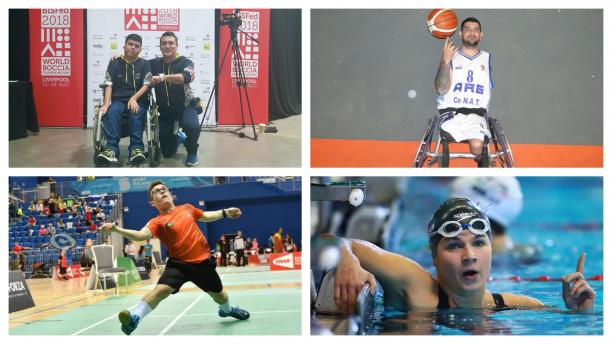 four Para athletes competing in boccia, wheelchair basketball, swimming and badminton