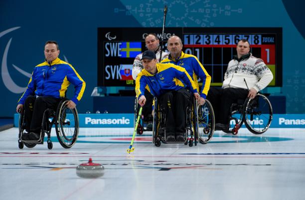 Viljo Petersson Dahl - PyeongChang 2018 male wheelchair curler Viljo Petersson Dahl plays a stone on the ice
