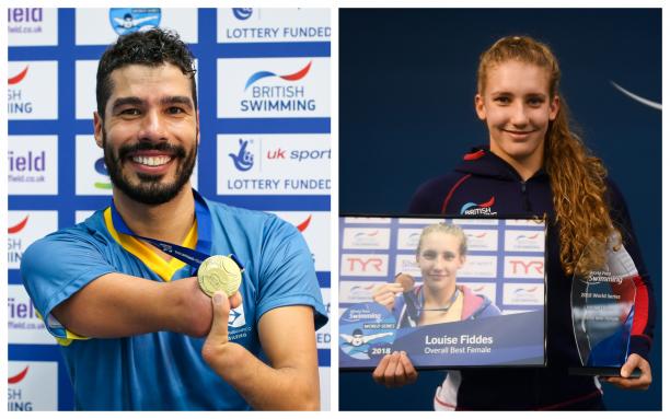 male Para swimmer Daniel Dias holding a gold medal and female Para swimmer Louise Fiddes holding a trophy