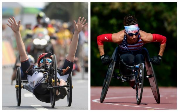 Christiane Reppe and Kelly Elmlinger - triathlon collage female Para triathletes Christiane Reppe and Kelly Elmlinger racing in a hand-cycle and a wheelchair