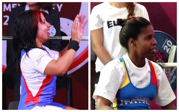 Leidy Rodriguez and Clara Fuentes female Para powerlifters Leidy Rodriguez and Clara Fuentes sitting on the bench