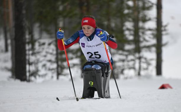 Kendall Gretsch - Vuokatti 2018 female Para Nordic sit skier Kendall Gretsch pushing through the snow