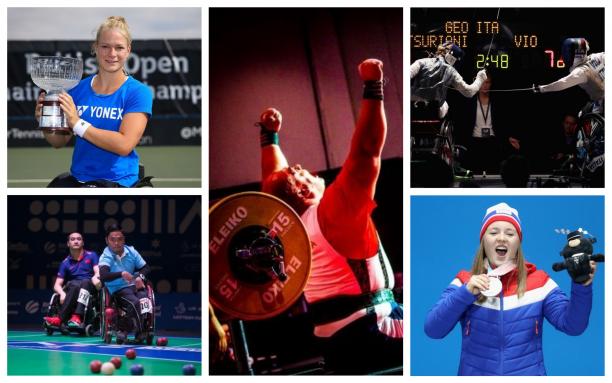 December 2018 AOTM - collage five Para athletes competing in boccia, wheelchair tennis, wheelchair fencing, powerlifting and Nordic skiing