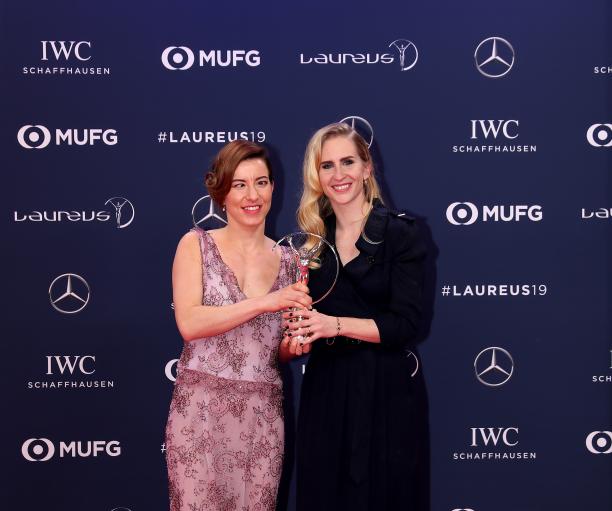 Henrieta Farkasova - Laureus 2019 female Para alpine skier Henrieta Farkasova and guide Natalia Subrtova holding a silver Laureus trophy