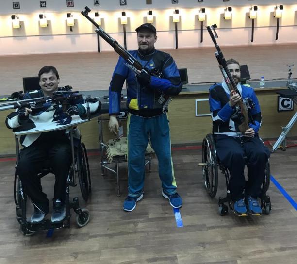 Vasyl Kovalchuk - shooting - Ukraine Three male medallists pose with their rifles